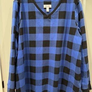 Denim&Co Buffalo Plaid V-Neck Jersey Tunic Size XL.   Blue/Black